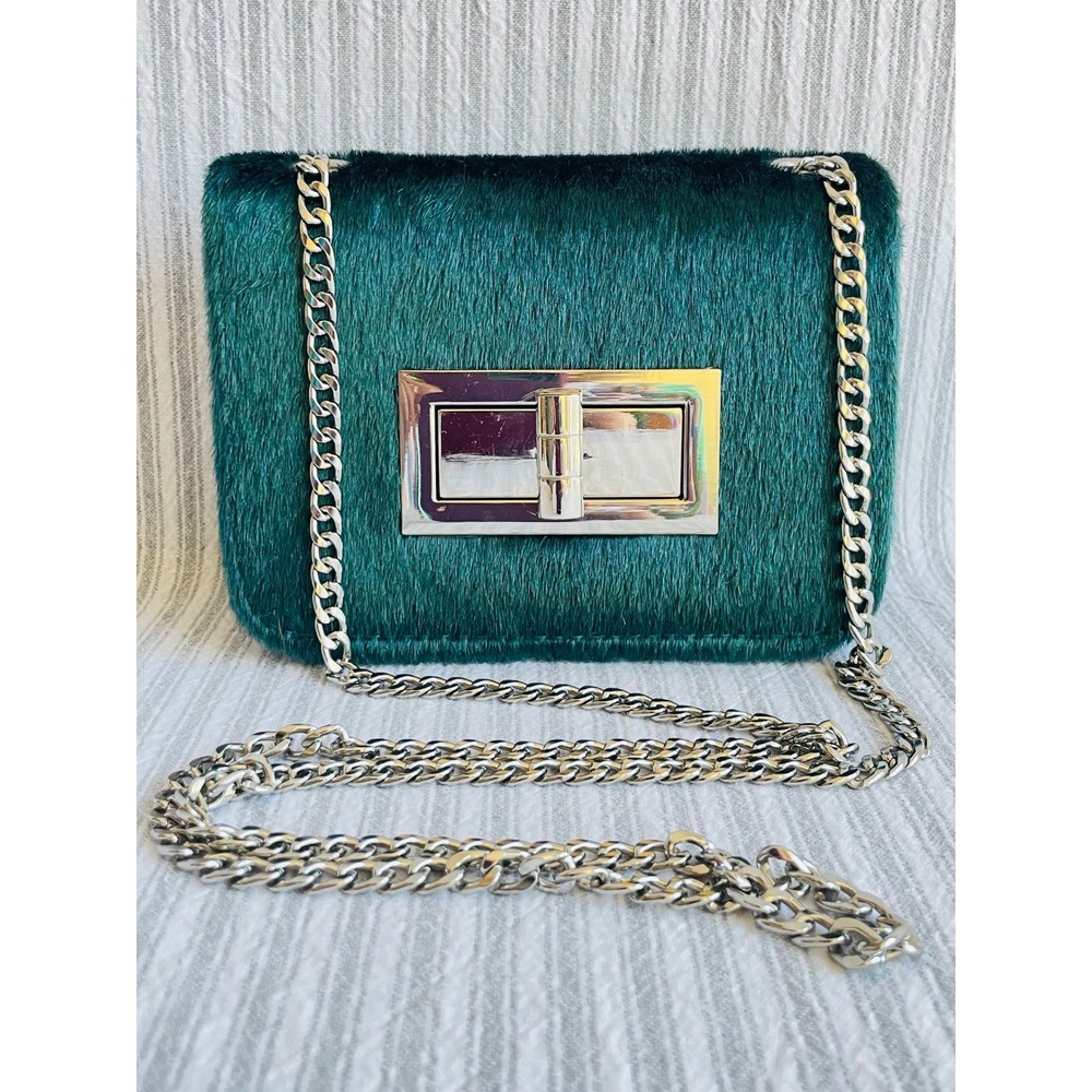 Free People Faux Fur Crossbody Bag Teal Green Silver Chain Turn Lock Mini Purse